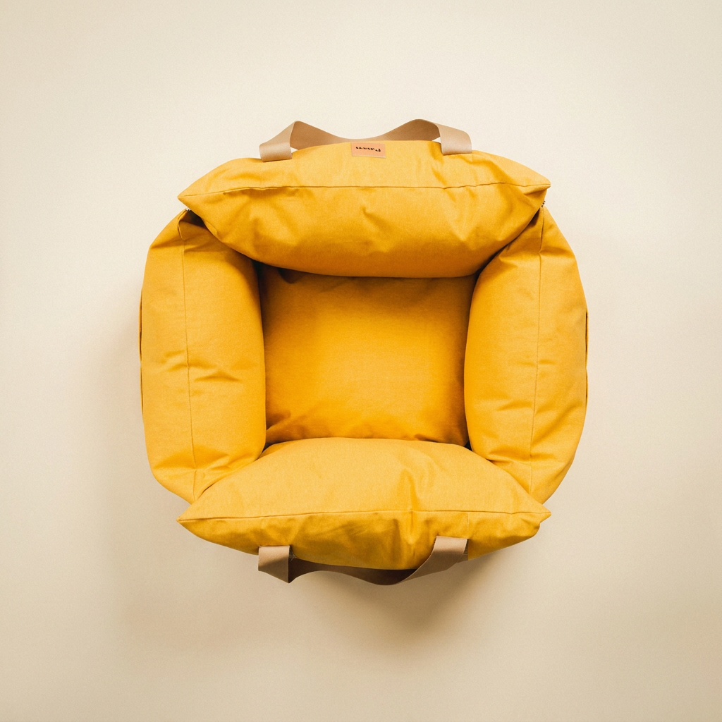Bolsa de Transporte Cangú Explora Amarelo Solar vista de cima, mostrando o interior acolchoado e a almofada do fundo