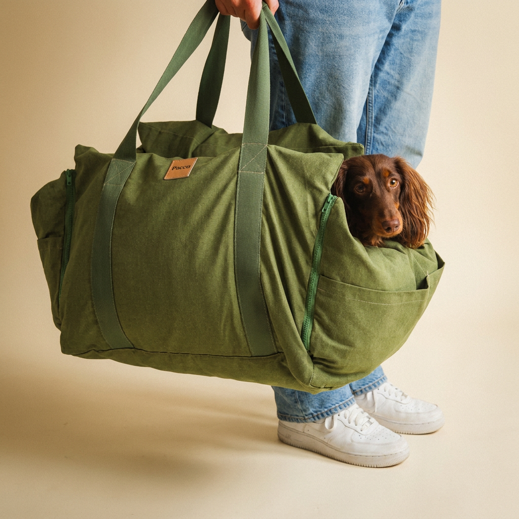 Bolsa de Transporte Cangú Explora Verde Bosque sendo carregada pelas alças, com dachshund com a cabeça para fora