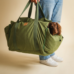 Bolsa de Transporte Cangú Explora Verde Bosque sendo carregada pelas alças, com dachshund com a cabeça para fora