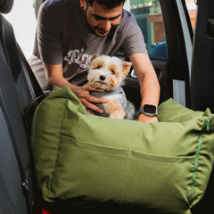 Bolsa de Transporte Cangú Explora Verde Bosque no banco do carro enquanto o tutor acomoda o cachorro dentro dela