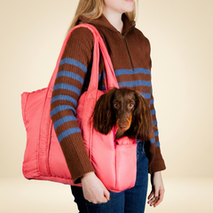 Bolsa de Transporte Pet Urban Rosa no ombro, com dachshund espiando pela abertura lateral